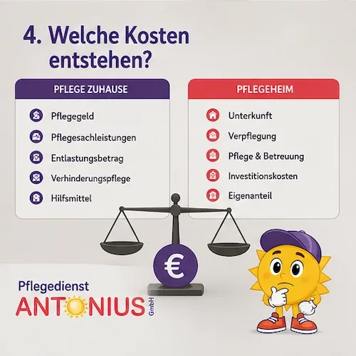 Welche Kosten entstehen bei Pflege zuhause oder Pflegeheim